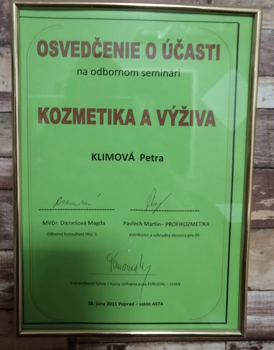 Certifikát zo seminára úpravy psov